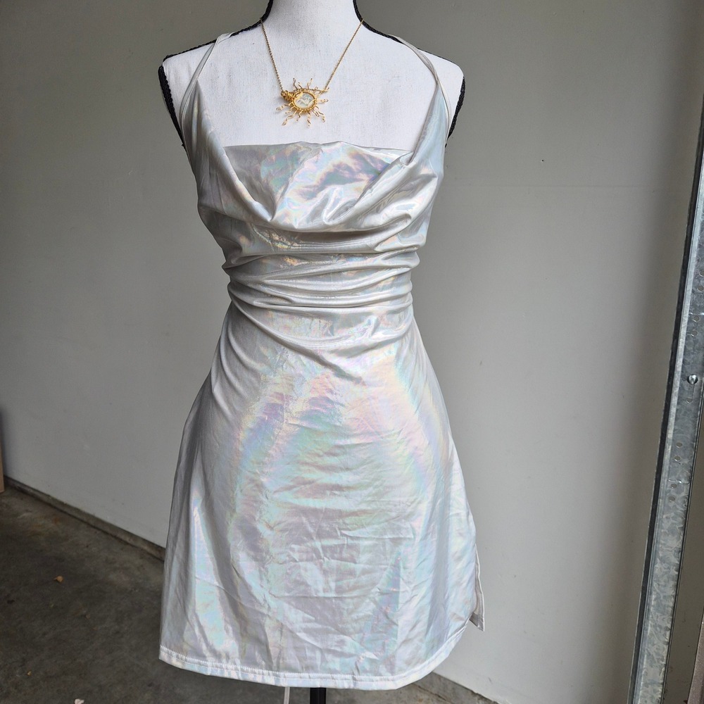 SHEIN Holographic Mini Dress Womens Large Cybercore Rave Festival Iridescent NWT